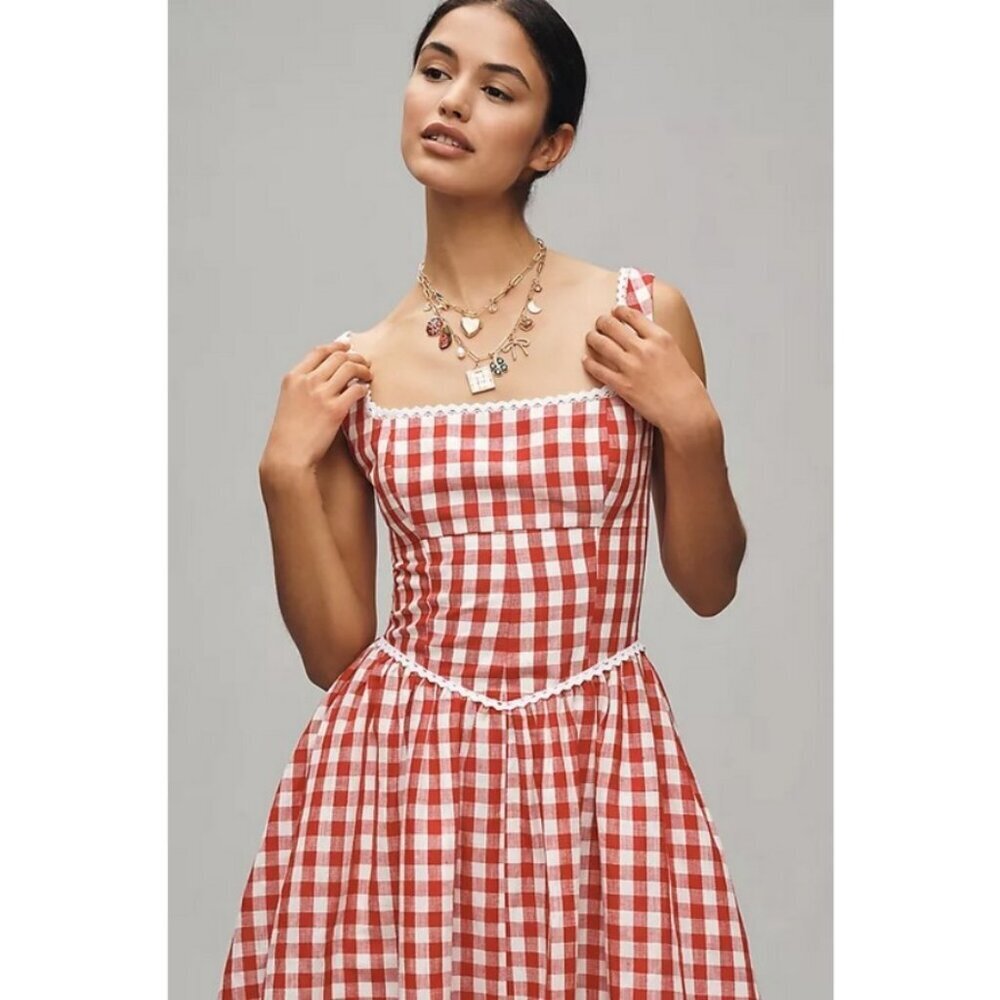 πWAYF x Styled Coco!π Gracie Gingham Linen-Blend Midi Dress Red Gingham XL NWT - Picture 5 of 16